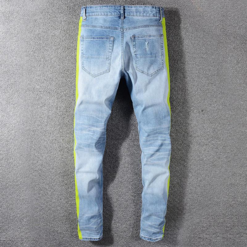 Men's Elastic Ripped Jeans With Color Stripes