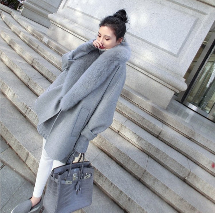 Women's Winter Cashmere Loose Thick Coat With Fox Fur