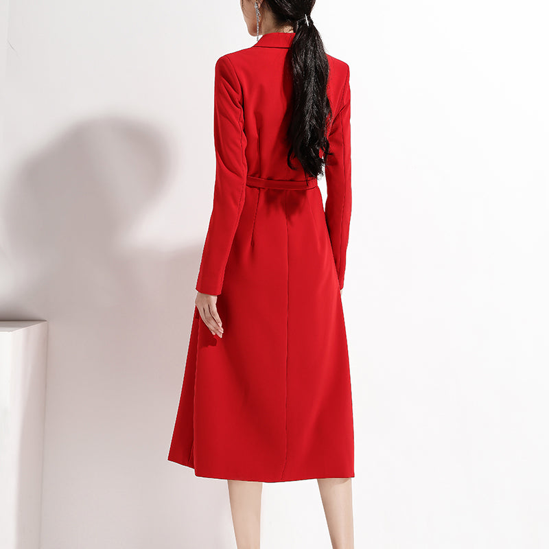 Women's Spring/Autumn V-Neck Long-Sleeved Midi Dress