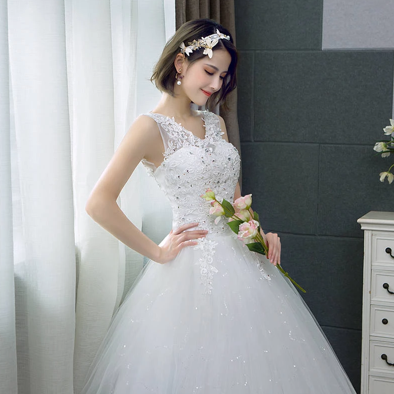 Women's Long V-Neck Lace-Up Wedding Dress With Sequin