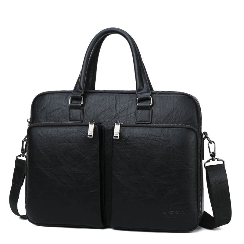 Men's Casual Leather Briefcase With Two Front Zippers