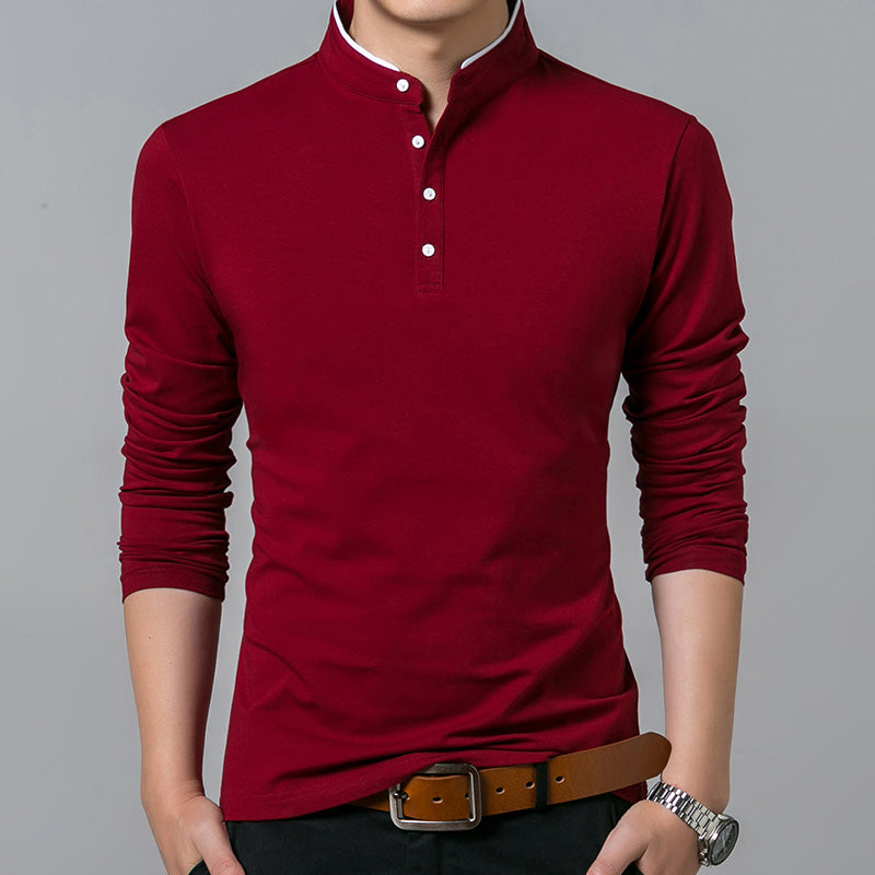 Men's Cotton Long Sleeved T-Shirt With Mandarin Collar