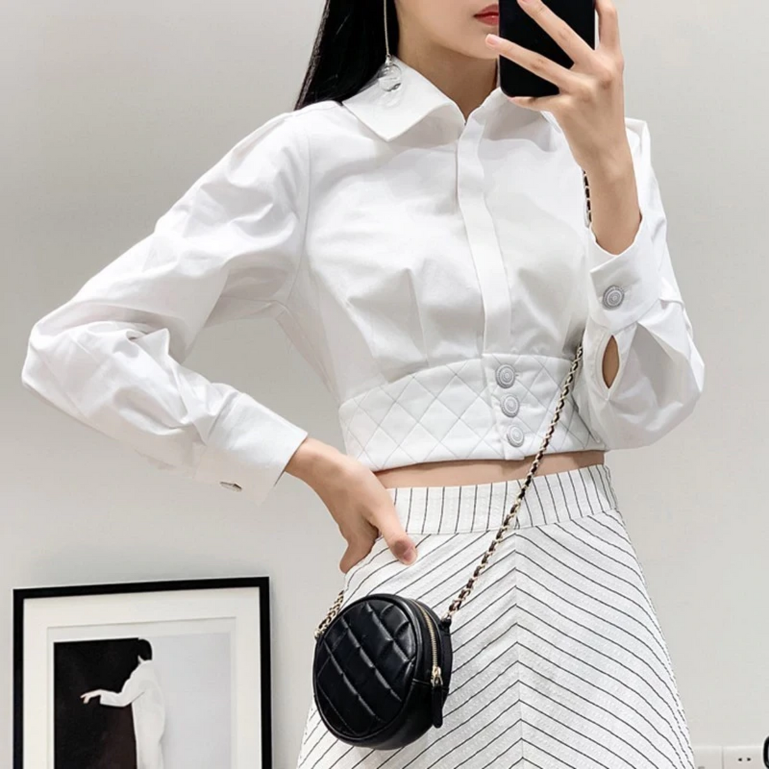 Women's Spring Patchwork Long-Sleeved Crop Top With Buttons