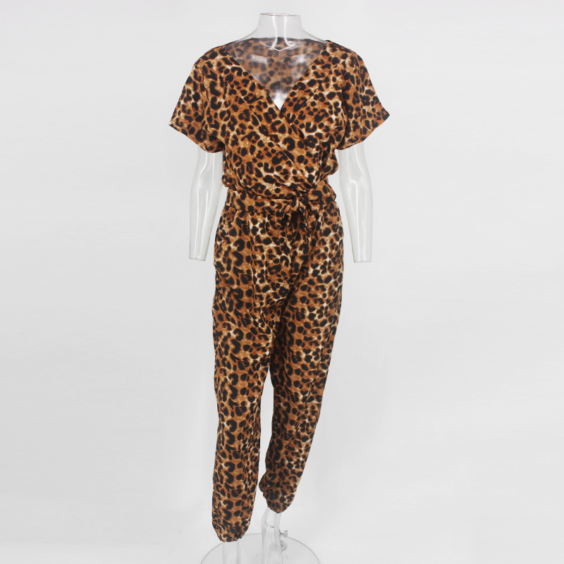 Women's Summer Casual Polyester Leopard Deep V-Neck Jumpsuit