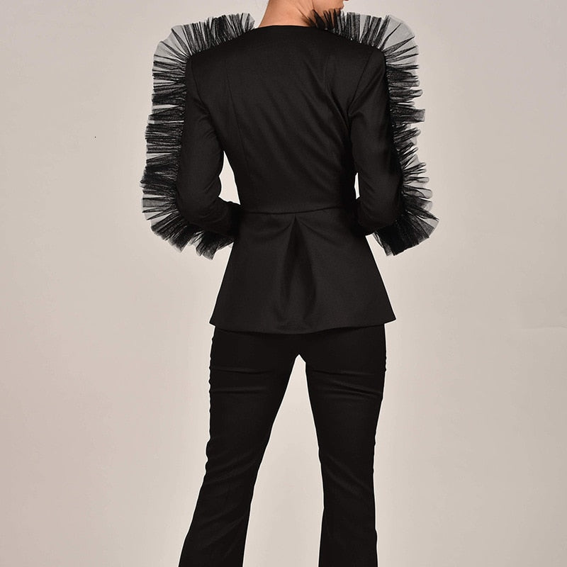 Women's Autumn Spandex Ruffles Two-Piece Suit With Single Button