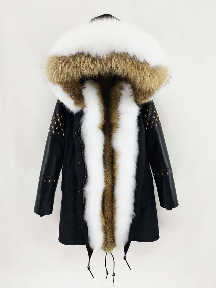 Women's Winter Casual Slim Genuine Leather Parka With Fox Fur