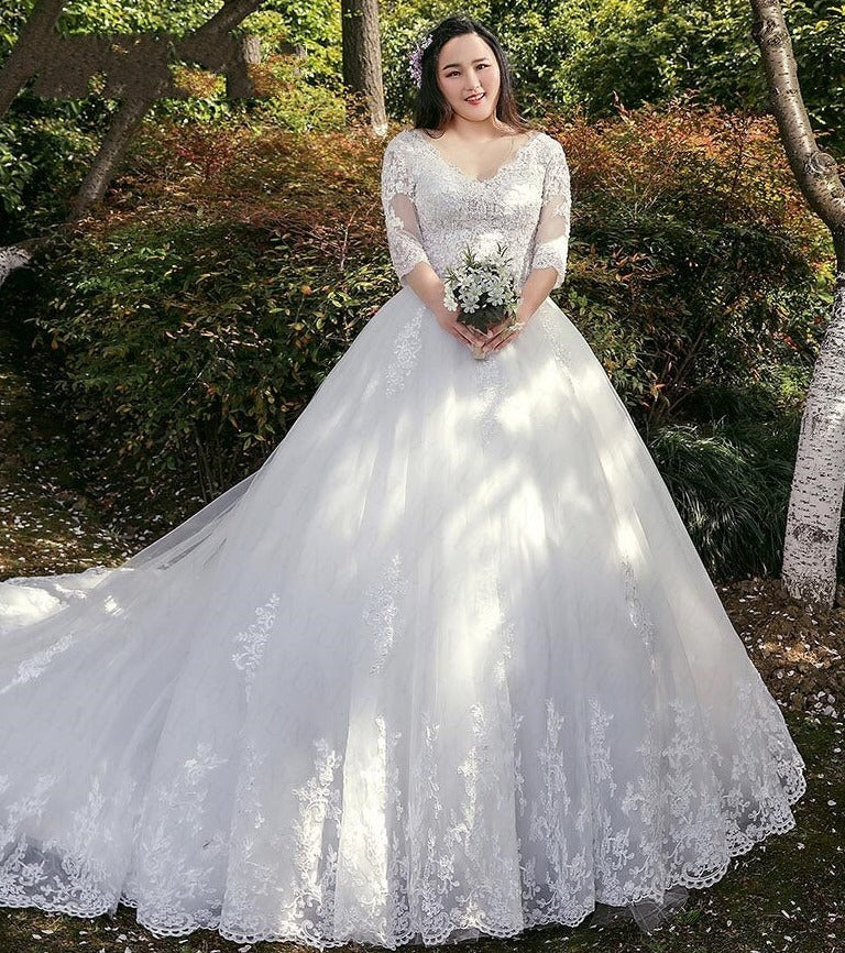 Women's Half Sleeved Lace Wedding Dress With Train | Plus Size