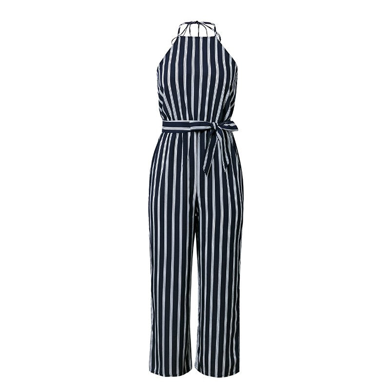 Women's Summer Casual High-Waist Polyester Lace-Up Jumpsuit
