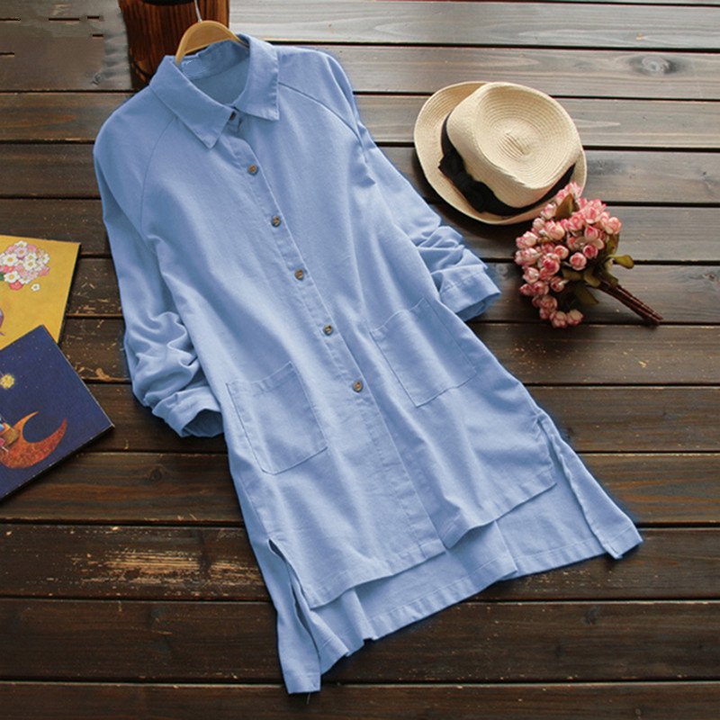Women's Spring/Summer Casual Cotton Long Shirt With Pockets