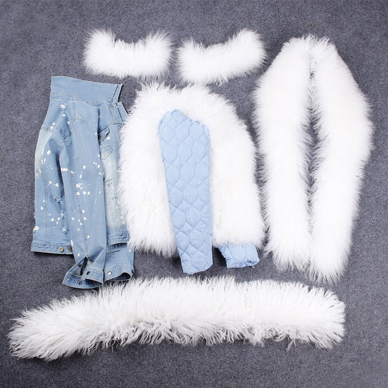 Women's Winter Casual Thick Denim Hooded Parka With Sheep Fur