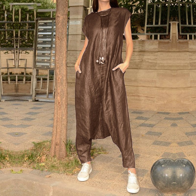 Women's Summer Casual Polyester Short-Sleeved Loose Jumpsuit