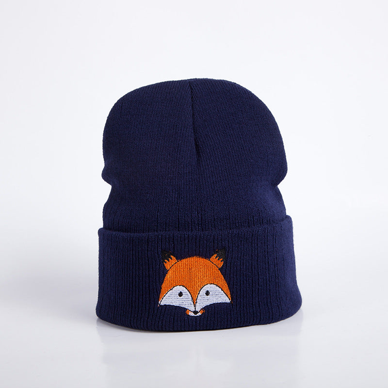 Women's Winter Knitted Hat With Embroidered Fox