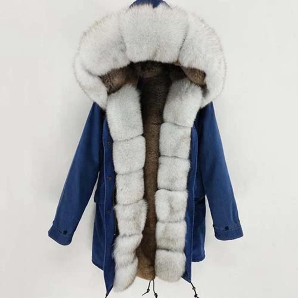 Women's Winter Casual Thick Denim Parka With Rabbit Fur