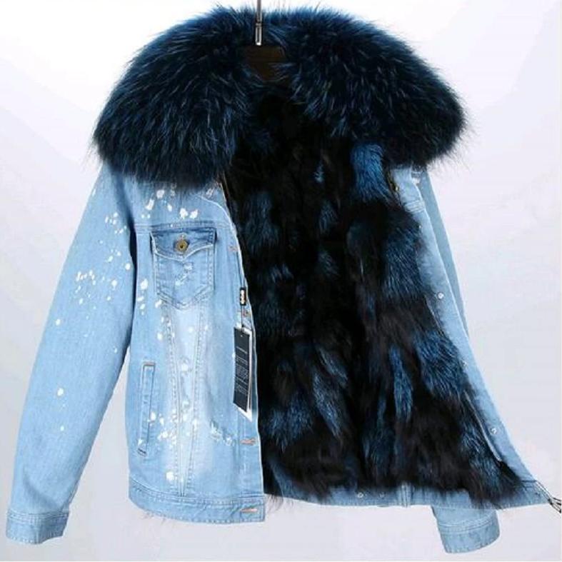 Women's Winter Casual Slim Denim Parka With Raccoon Fur