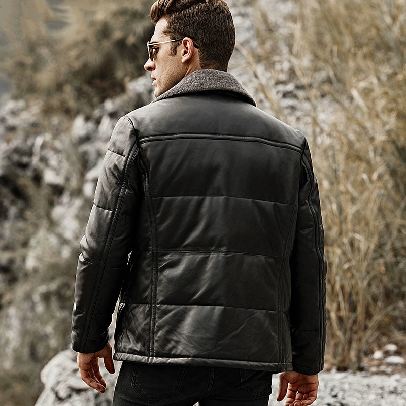 Men's Winter Genuine Leather Jacket With Removable Fur Collar