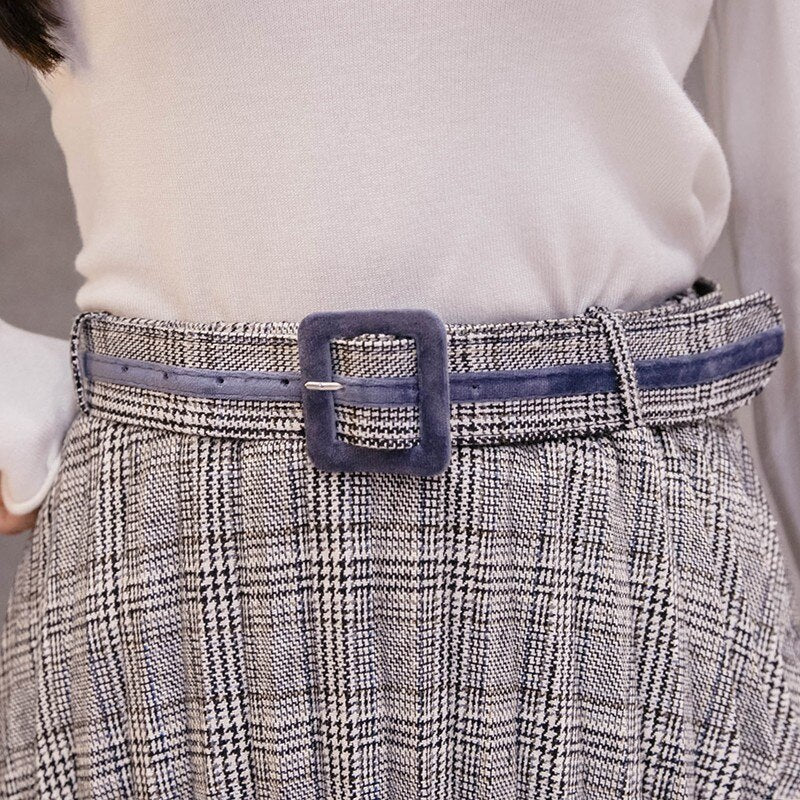 Women's Autumn Plaid Pleated Belted Skirt