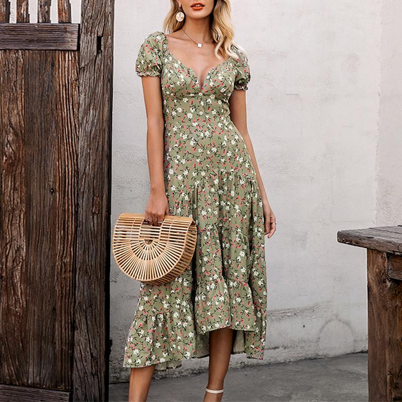 Women's Summer Casual High-Waist Puff-Sleeved Long Dress