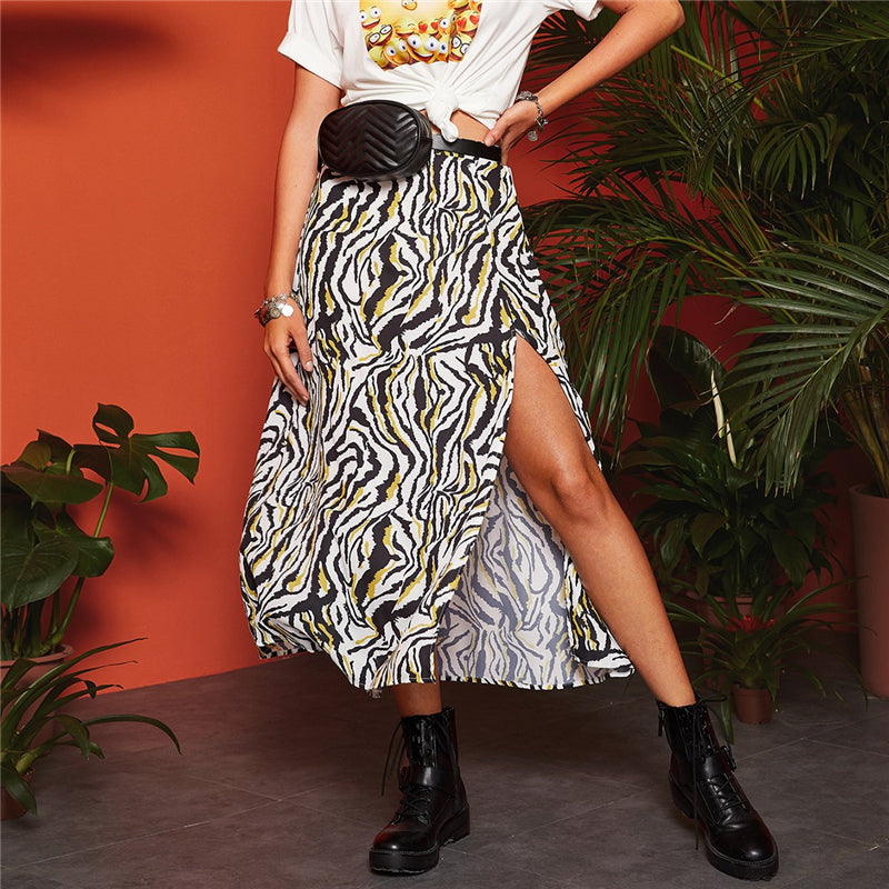 Women's Summer Casual Mid-Waist Long Skirt With Zebra Print