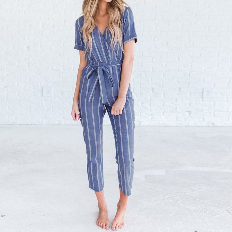 Women's Summer Casual V-Neck Striped Jumpsuit With Belt