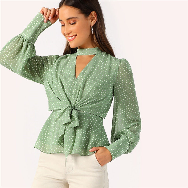 Women's Spring Polyester Blouse With Polka Dot Print