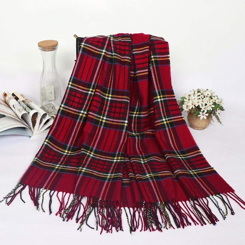 Women's Winter Plaid Scarf With Tassels
