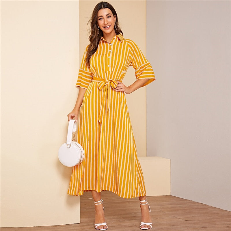 Women's Summer A-Line Striped Maxi Dress With Buttons