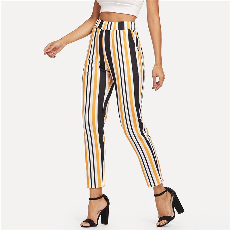 Women's Casual High Waist Striped Pants With Pockets