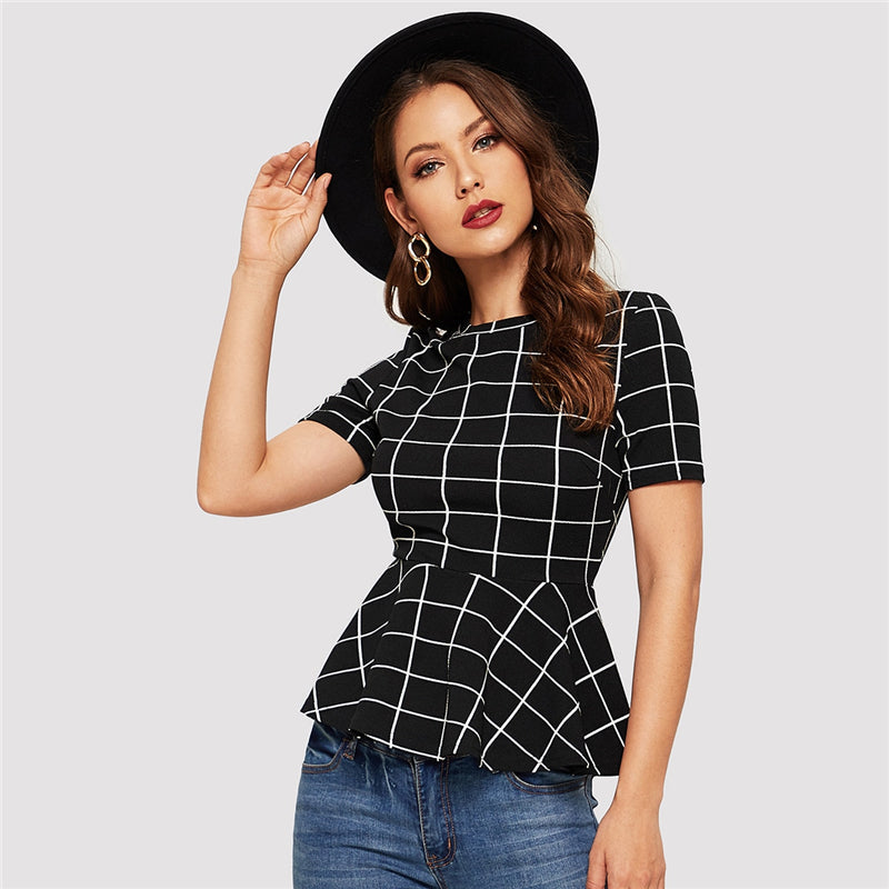 Women's Summer Slim O-Neck Blouse With Grid Print