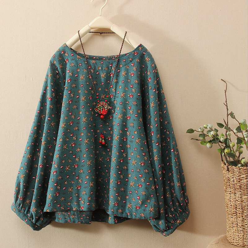 Women's Spring/Summer Casual Cotton O-Neck Blouse With Print