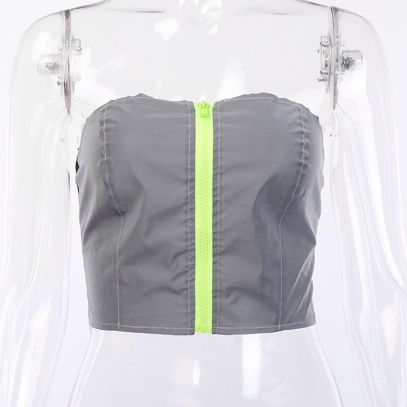 Women's Summer Reflective Strapless Zipper Crop Top