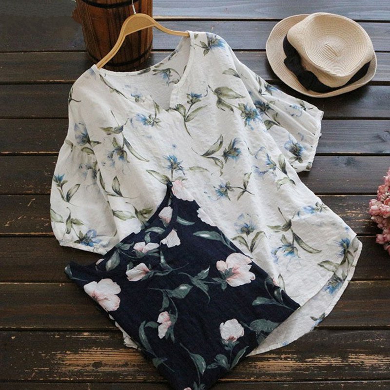 Women's Summer Casual V-Neck Floral Loose Blouse