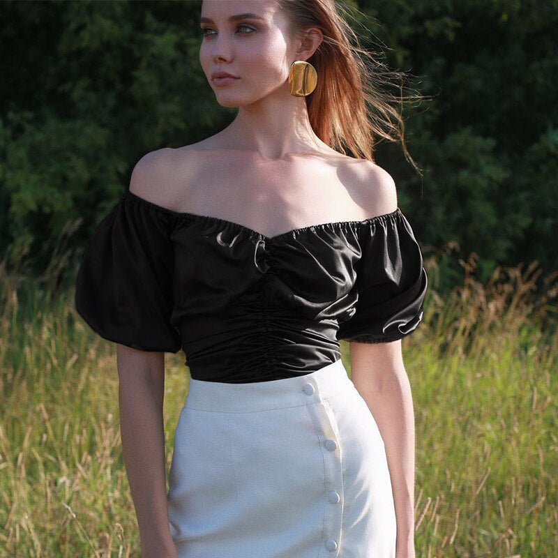 Women's Summer Ruched Elastic Silk Short Sleeve Crop Top