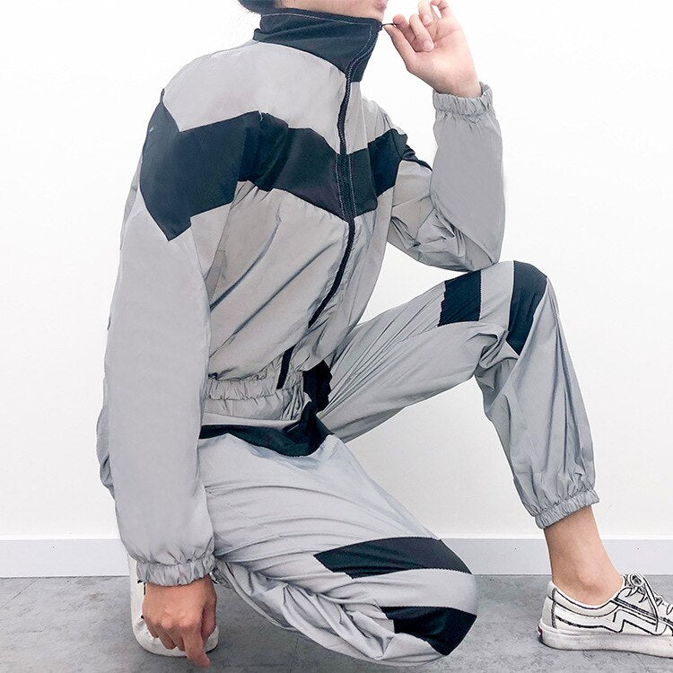 Women's Spandex Reflective Striped Two-Piece Suit