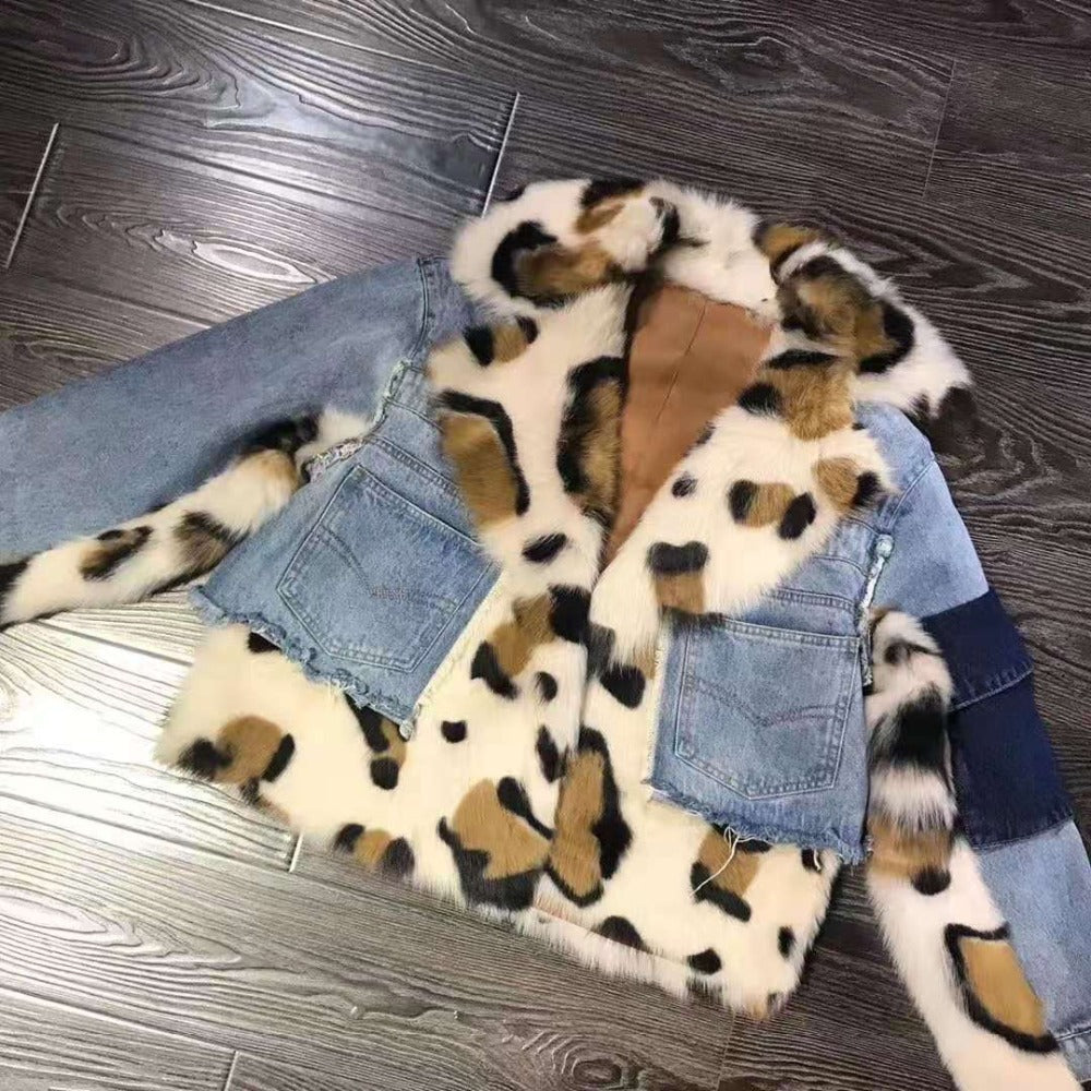 Women's Winter Thick Leopard Denim Coat With Sheep Fur