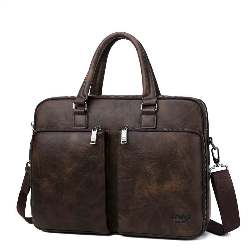 Men's Casual Leather Briefcase With Two Front Zippers
