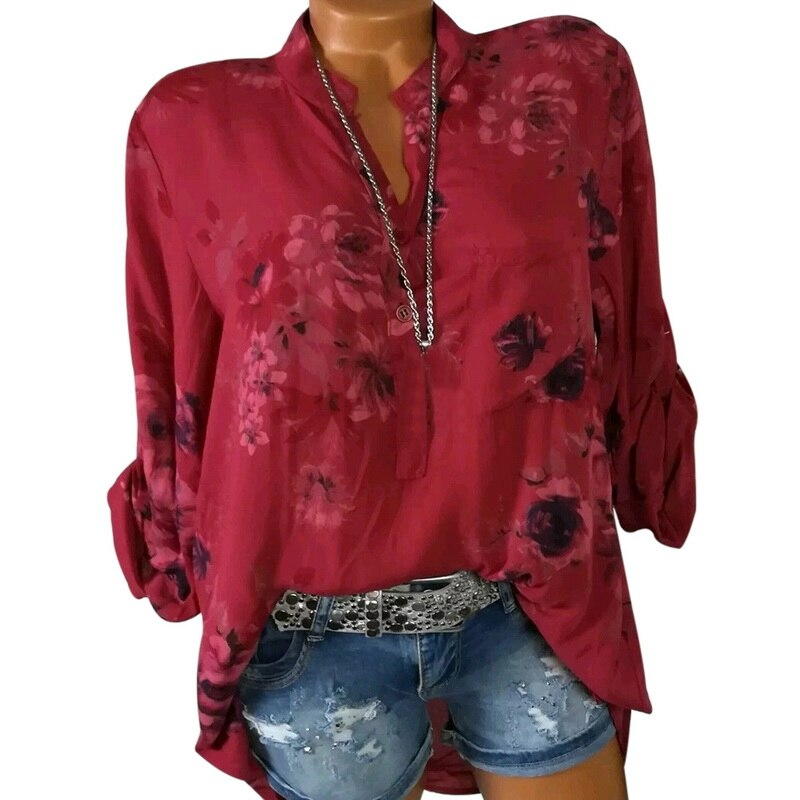 Women's Spring Casual Chiffon V-Neck Floral Blouse