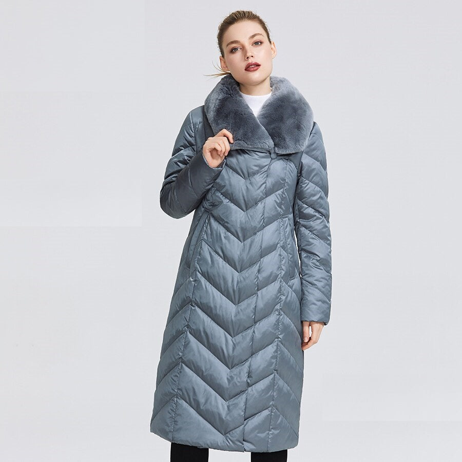 Women's Winter Windproof Thick Belted Parka With Rabbit Fur