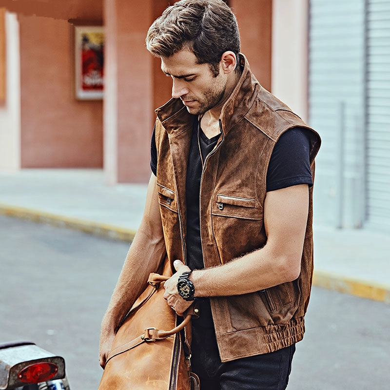 Men's Casual Leather Vest With Stand Collar