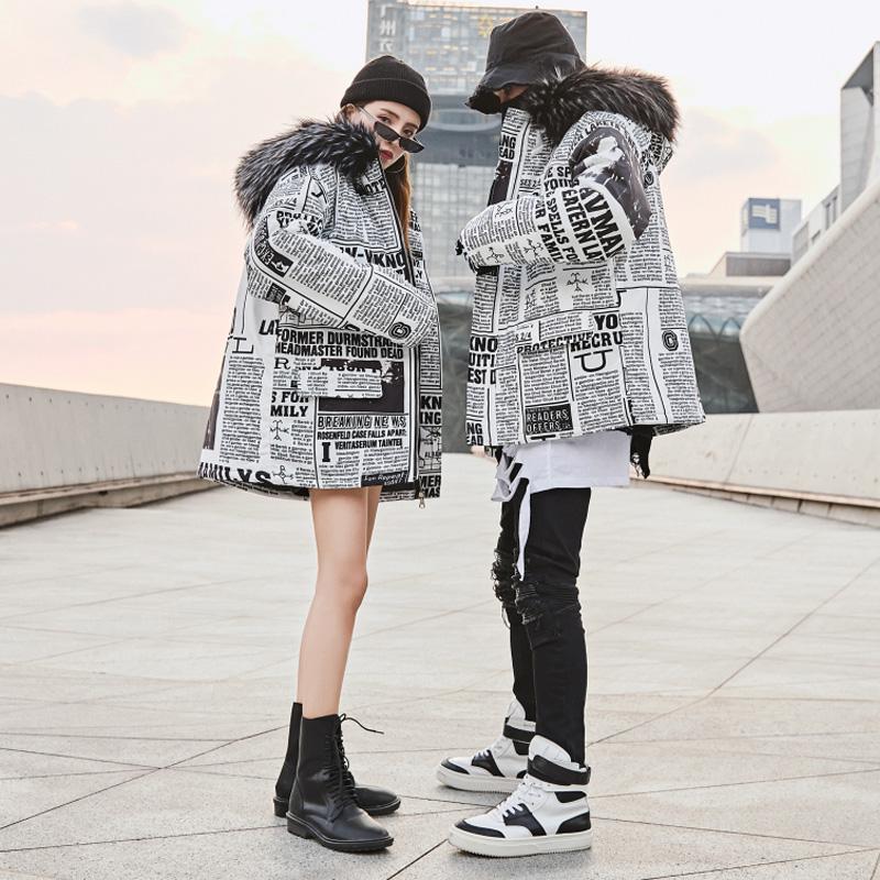 Men's/Women's Winter Casual Thick Parka With Newspaper Print