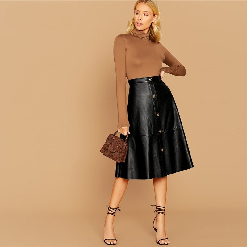 Women's Leather A-Line High-Waist Midi Skirt