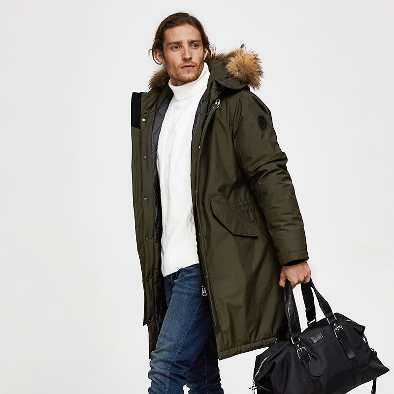 Men's Winter Casual Hooded Polyester Parka With Raccoon Fur