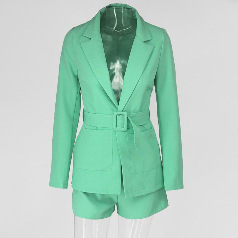 Women's Casual Spandex V-Neck Two-Piece Suit With Belt
