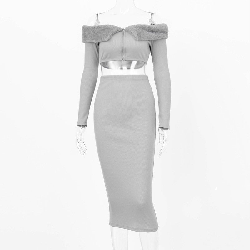 Women's Autumn Off-Shoulder Sheath Two-Piece Midi Dress