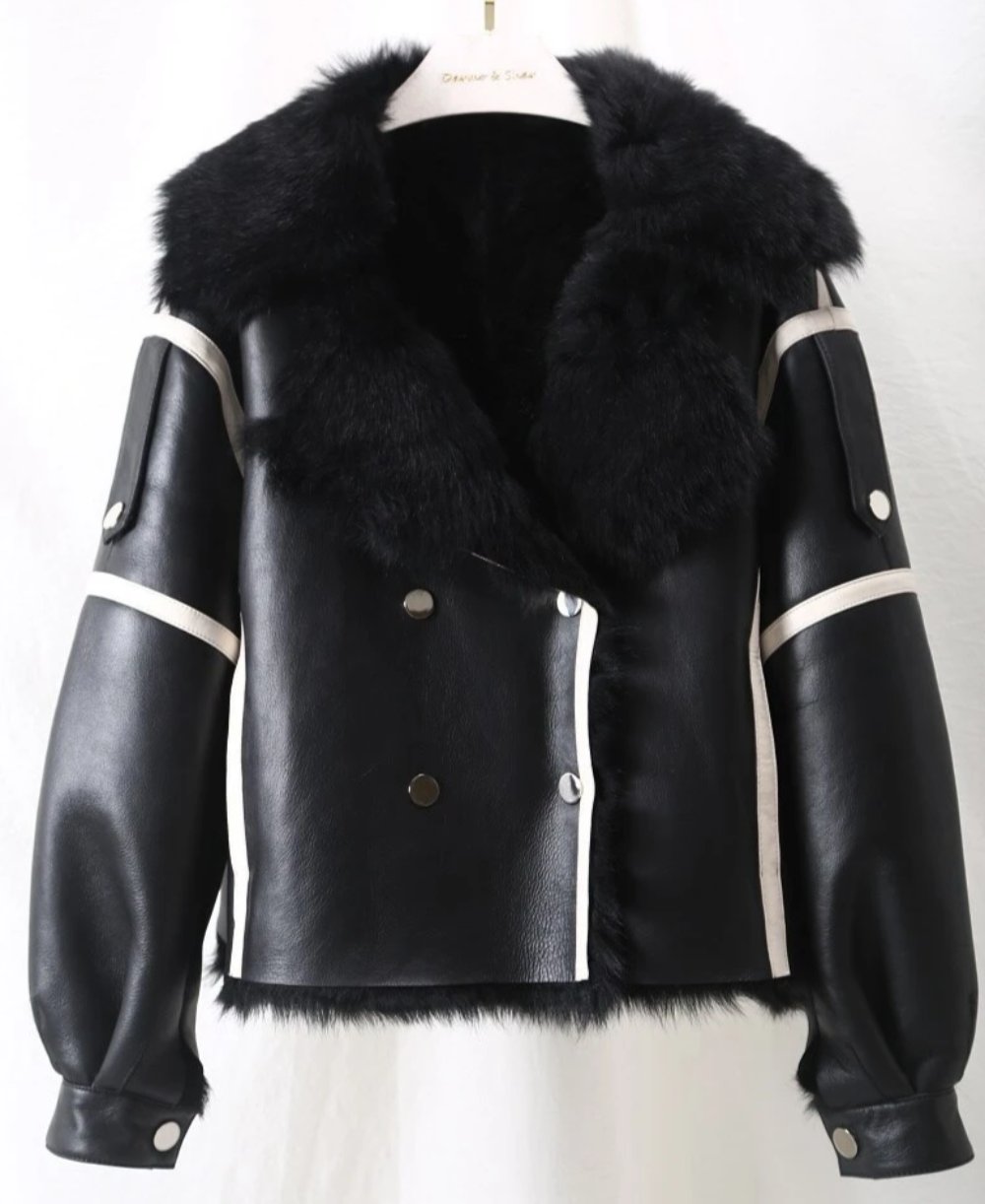Women's Winter Casual Warm Genuine Leather Coat With Wool
