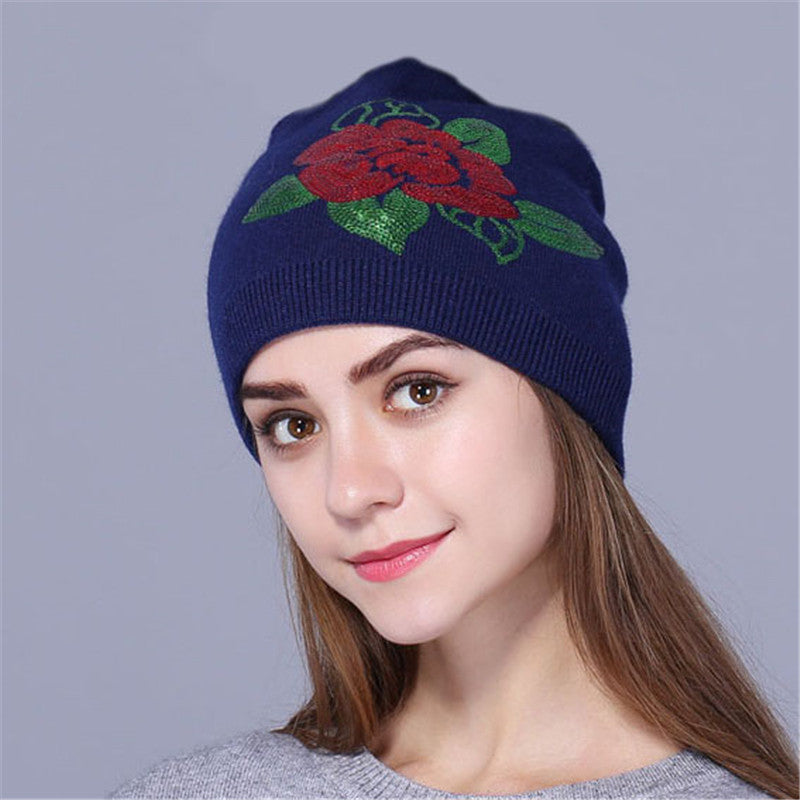 Women's Winter Cashmere Hat With Embroidered Flower