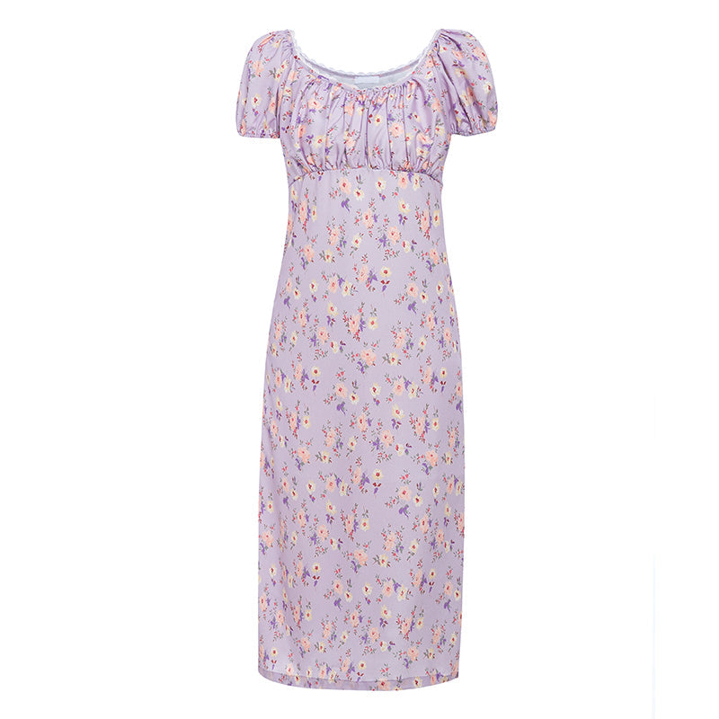 Women's Summer Puff-Sleeved A-Line Midi Dress With Floral Print