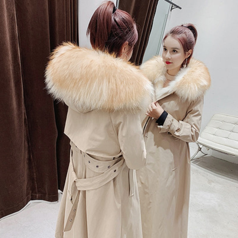 Women's Winter Casual Long Slim Trench With Raccoon Fur