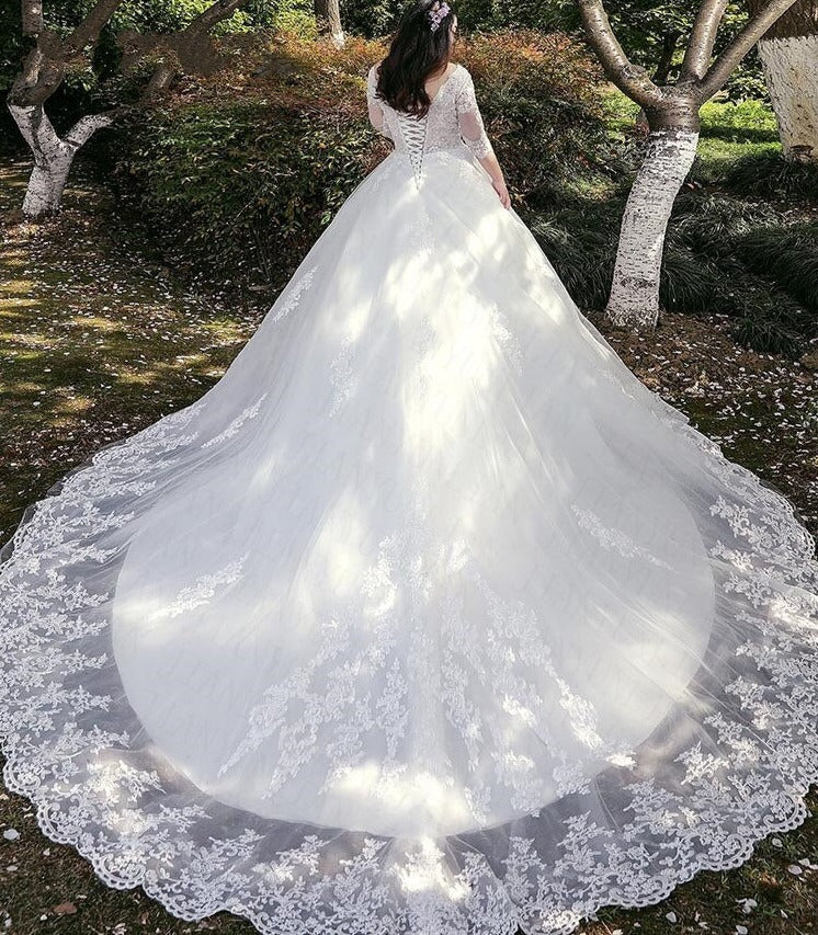 Women's Half Sleeved Lace Wedding Dress With Train | Plus Size