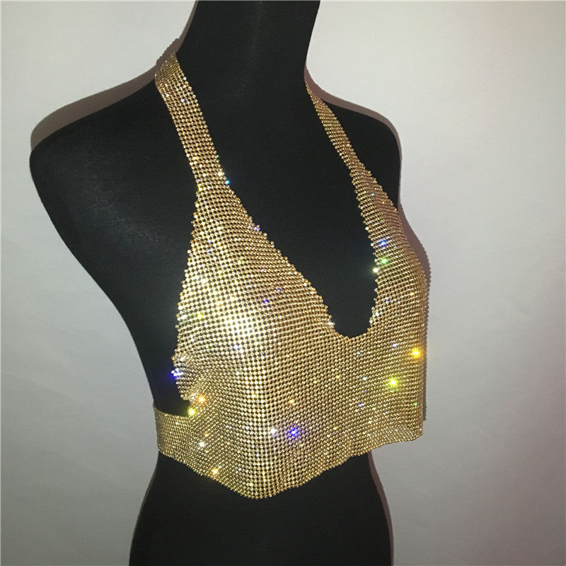 Women's Summer Shiny Crop Top With V-Neck Collar