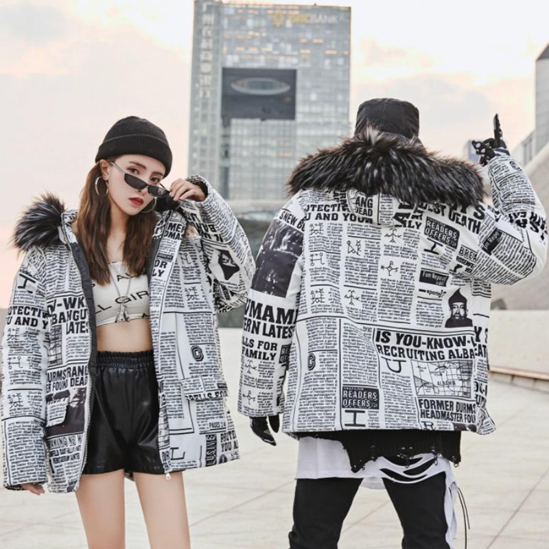 Men's/Women's Winter Casual Thick Parka With Newspaper Print